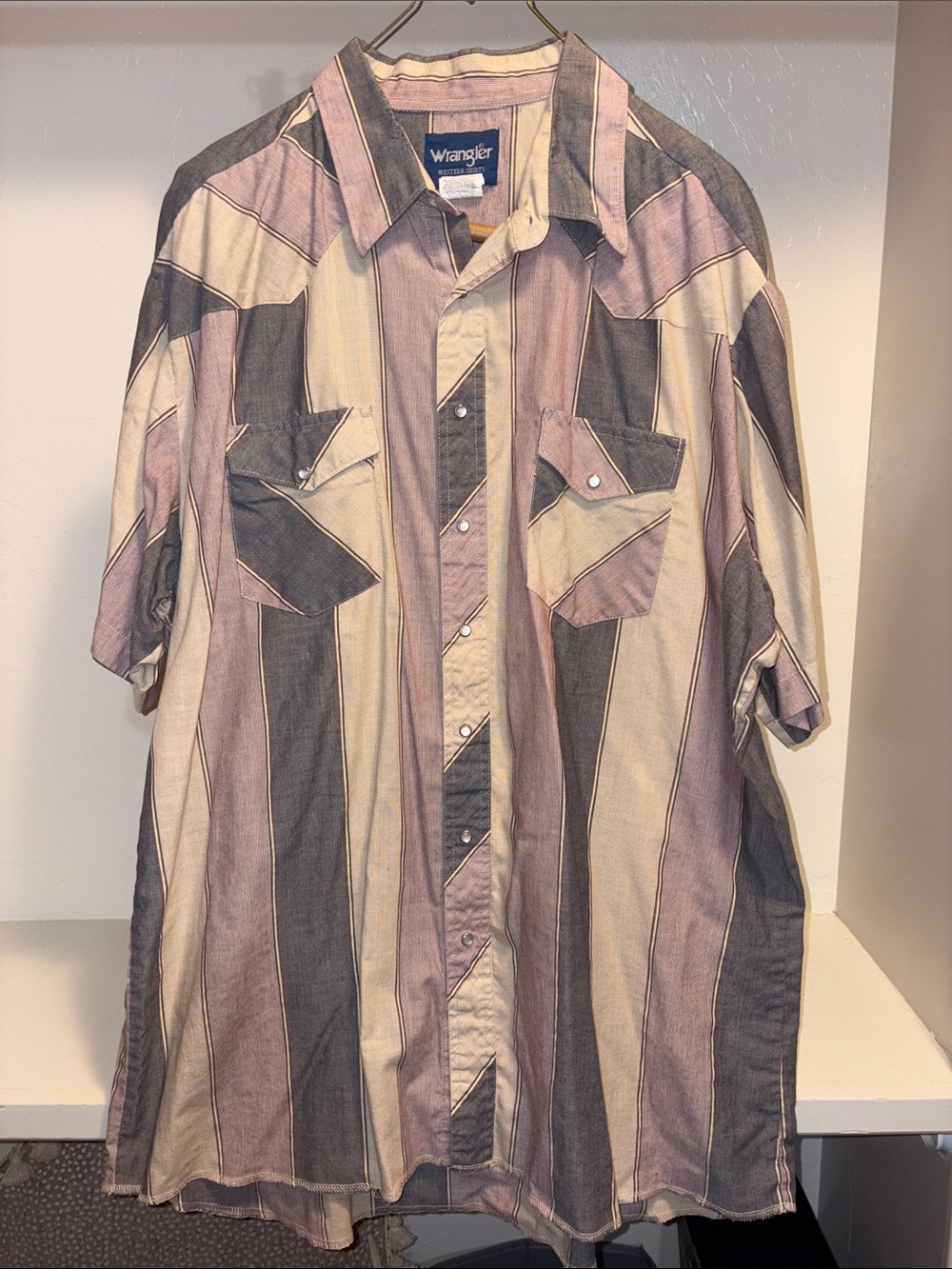 Wrangler Short Sleeve Vertical Stripe Button-Down in Mauve, Beige and Gray